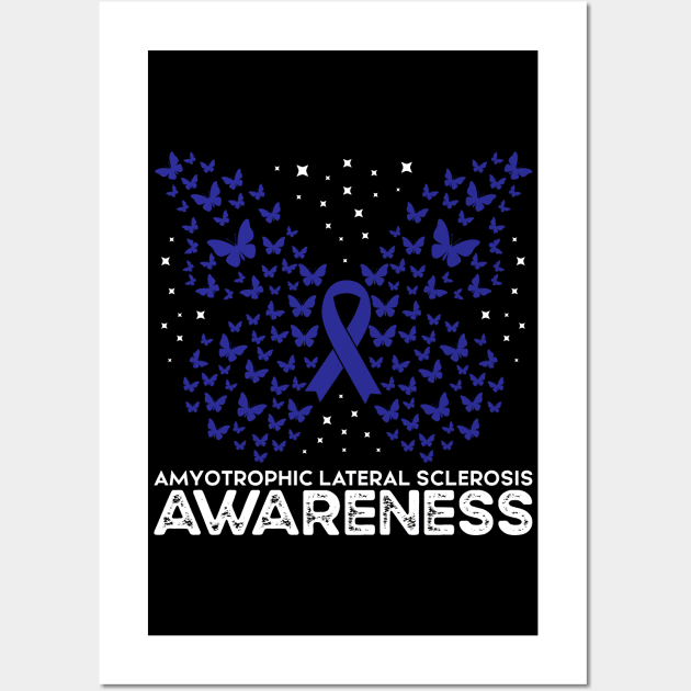 ALS Awareness Blue Ribbon Butterfly, Amyotrophic Lateral Sclerosis Awareness Wall Art by mcoshop